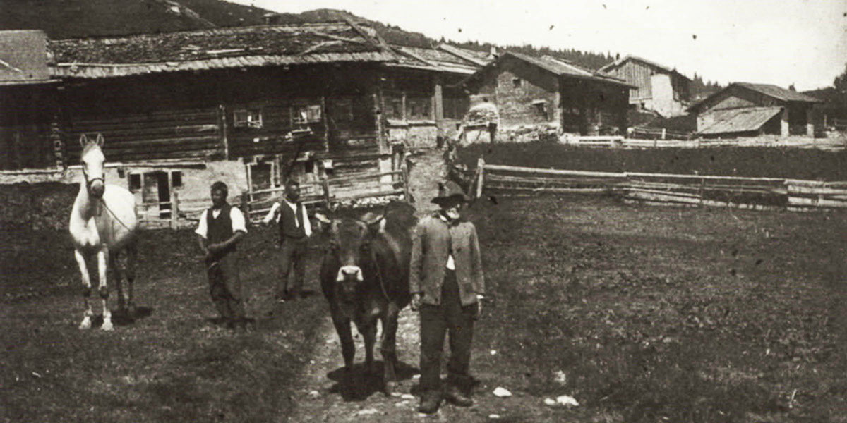 Bildbeschreibung: alte schwarzweiss Aufnahme ca. 1930 vom Maiensäss Sartons.